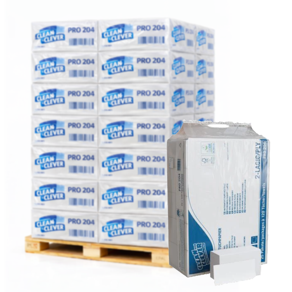 Clean & Clever Pro 204 Papierhandtücher W-Falz 2-lagig – weiss (3000 Blatt)